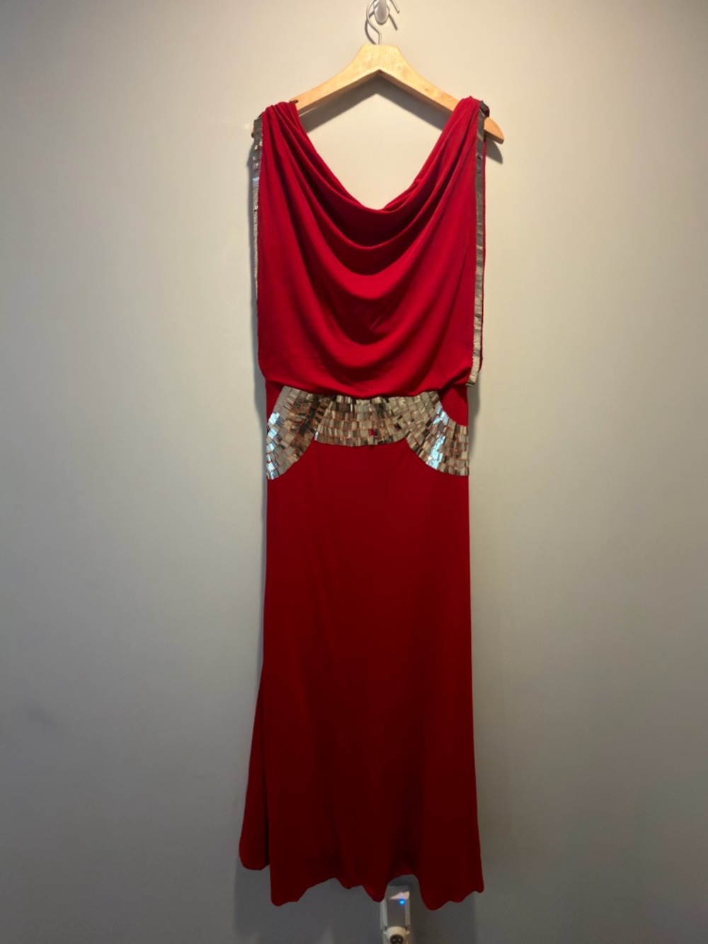 Jovani Red Draped Maxi Dress with Gold Sequin Accents